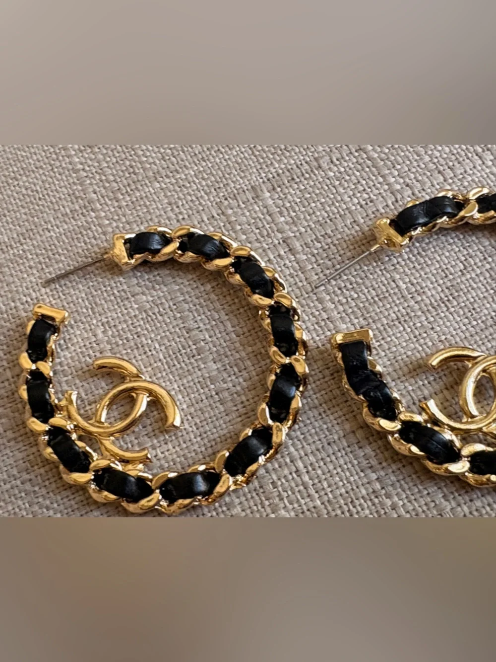 CHANEL Gold and Black Chain-Detail Hoop Earrings with CC
